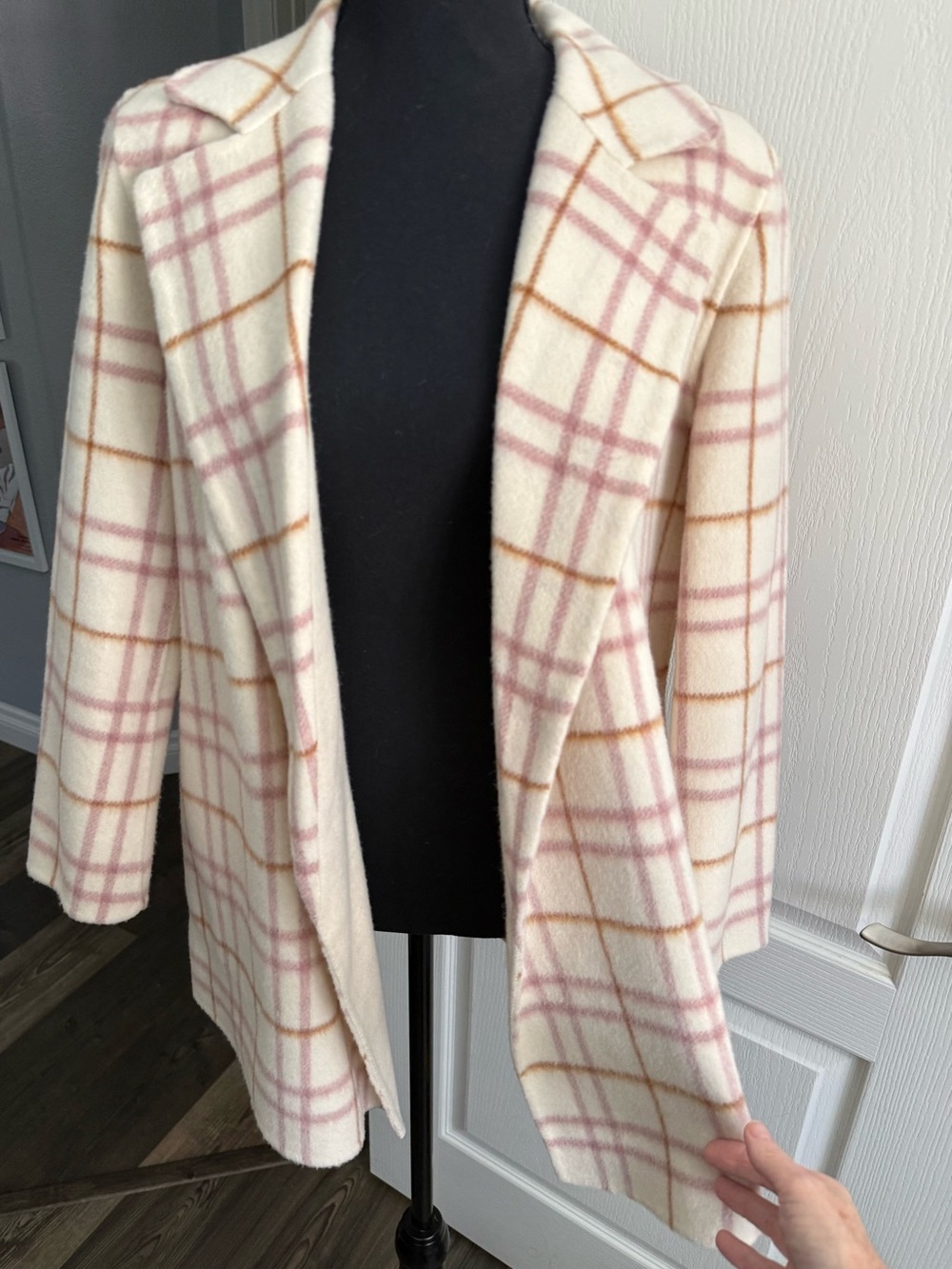 Theory Cream Plaid Coat with Pink & Brown Windowpane